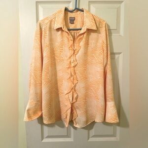 Chico’s blouse. Beautiful peach color.  Ruffles down front. Chico’s size 1